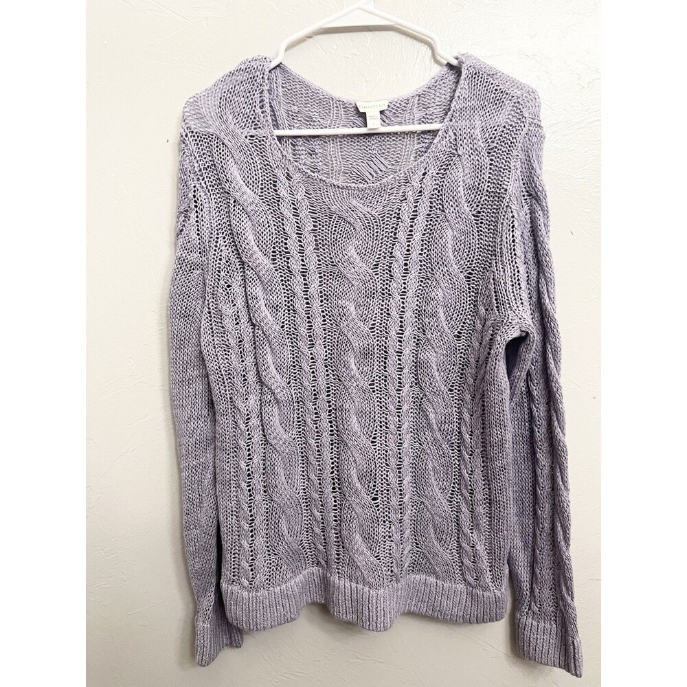 Garnet Hill Lilac Linen Organic Cotton Cable Knit Sweater Size Large Beachy Top - Picture 2 of 8